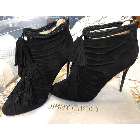 Jimmy Choo Shoes - Jimmy Choo 8.5 Myra Ankle Boots Ruched Suede Leather Tassel BLACK Booties 39